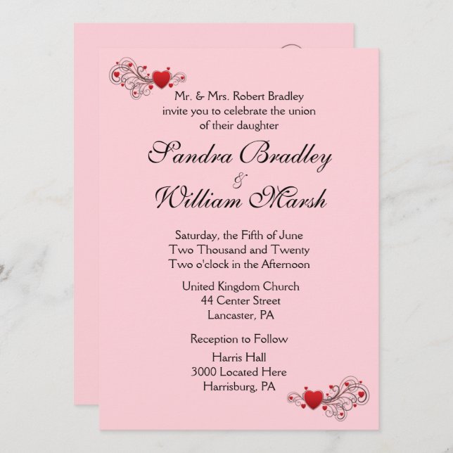 Invitación a la boda de corazones rosados (Anverso / Reverso)