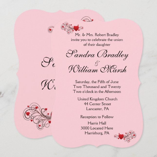 Invitación a la boda de corazones rosados (Anverso / Reverso)