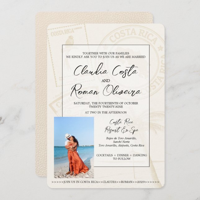 Invitación a la boda de Costa Rica con pasaporte d (Anverso / Reverso)