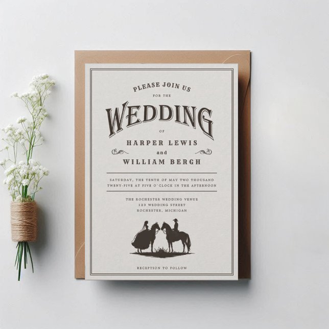 Invitación a la boda de Cowboy (Western wedding invitation with a silhuette of a bride and groom on horsebacks!)