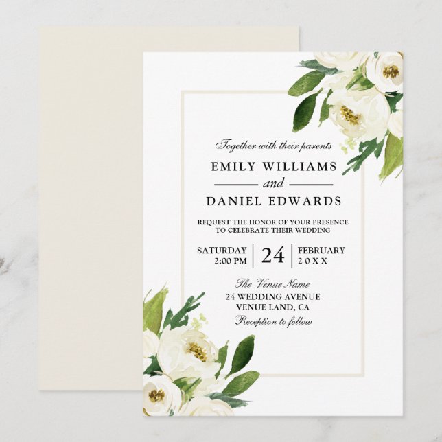 Invitación a la boda de crema floral de rosa blanc (Anverso / Reverso)
