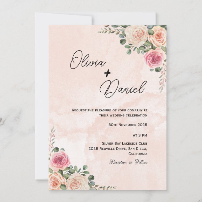 Invitación a la boda de Crema Rosa Floral Boho (Anverso)