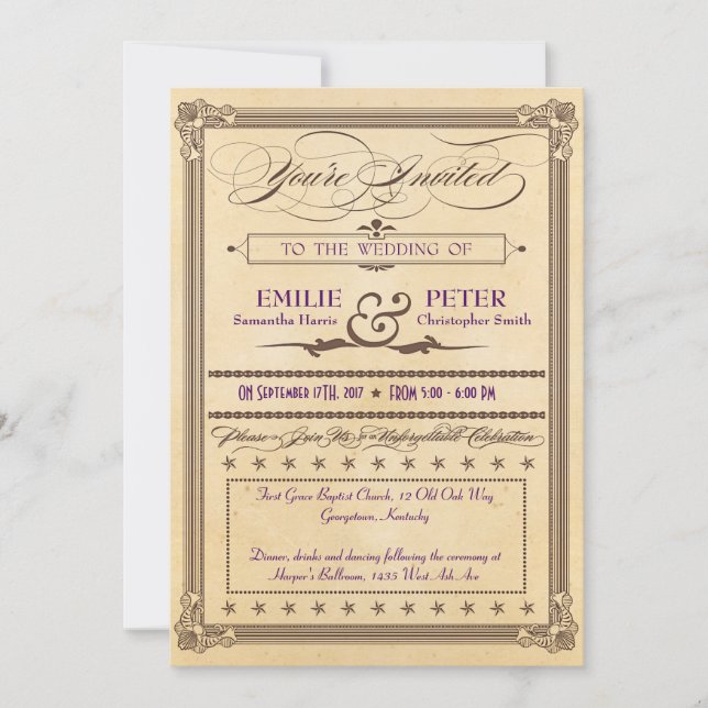 Invitación a la boda de crema y Poster marrón vint (Anverso)