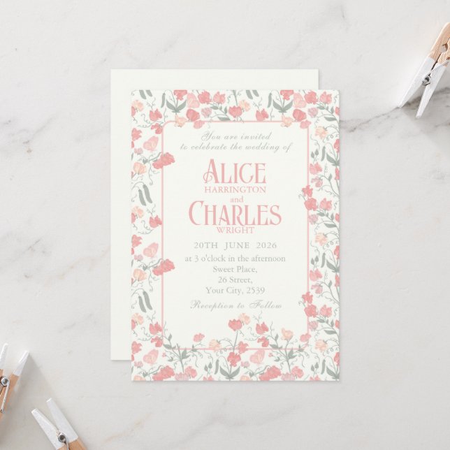 Invitación a la boda de crema y rosado con flores 