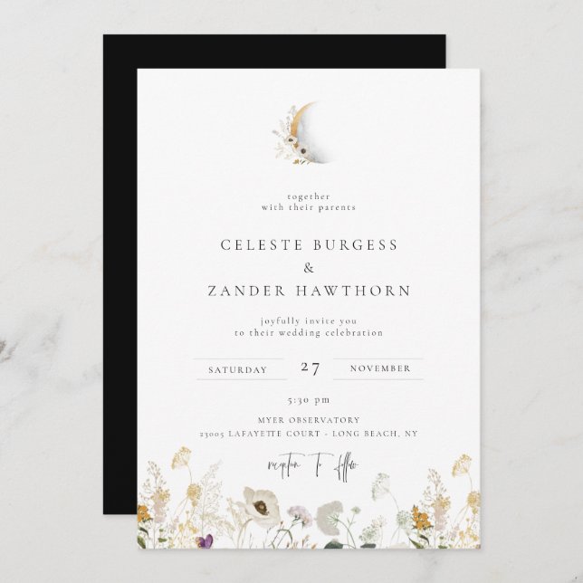 Invitación a la boda de Crescent Moon Wildflower (Anverso / Reverso)