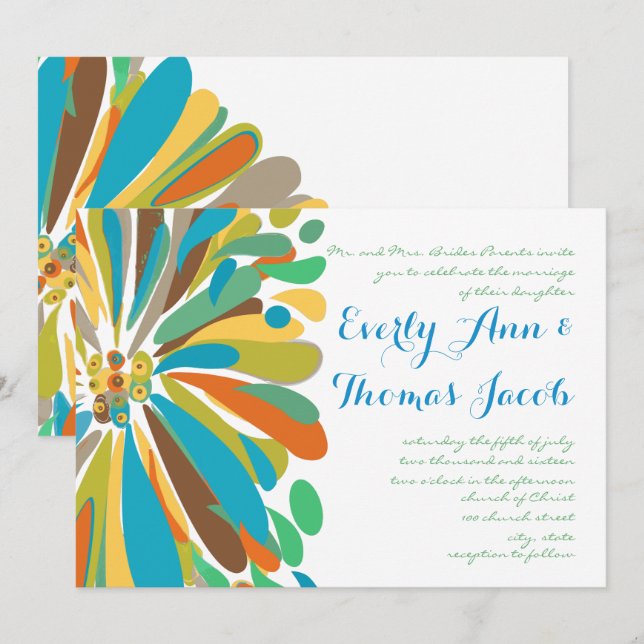 Invitación a la boda de crisantemo azul y verde (Anverso / Reverso)