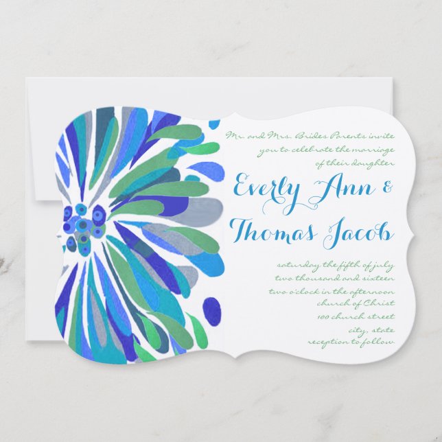 Invitación a la boda de crisantemo azul y verde (Anverso)