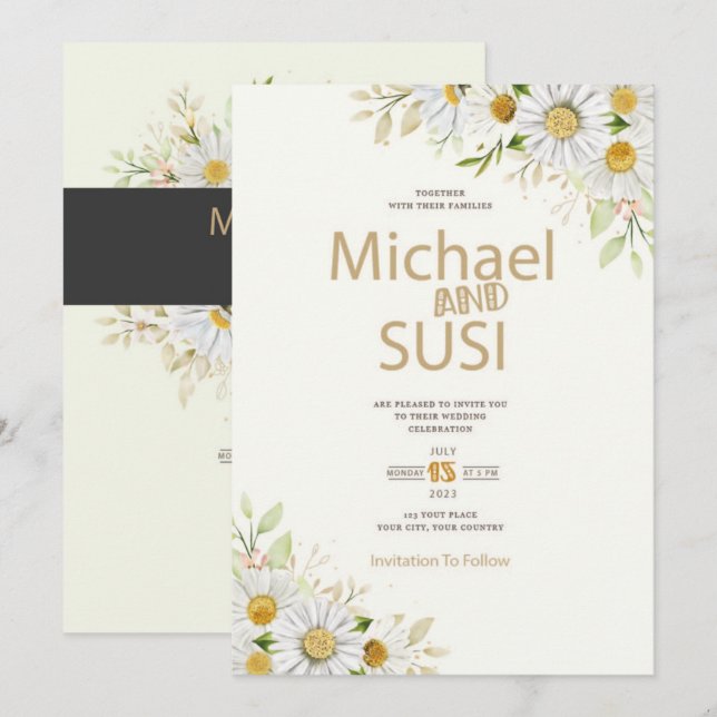 invitación a la boda de crisantemo de color agua (Anverso / Reverso)