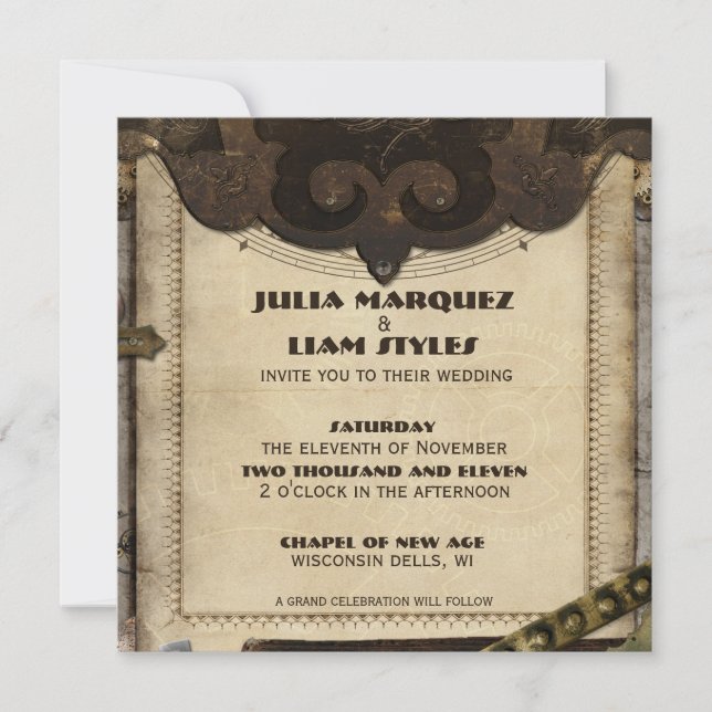 Invitación a la boda de cuero Steampunk en Victori (Anverso)