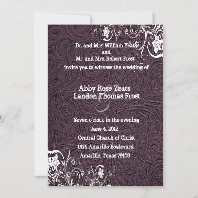 Invitación a la boda de cuero y encaje blanco de b (Anverso)