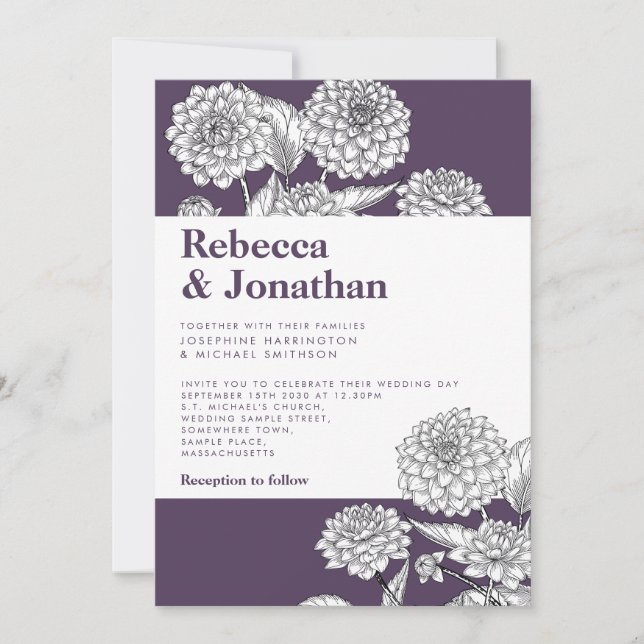 Invitación a la boda de Dahlia con la flor púrpura (Anverso)