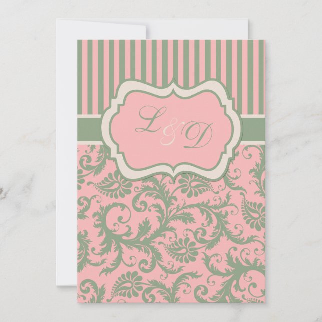 Invitación a la boda de Damasco a rayas rosadas, v (Anverso)