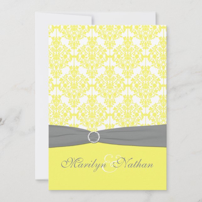 Invitación a la boda de Damasco amarillo y gris (Anverso)