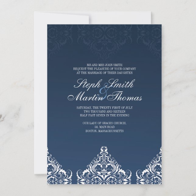 Invitación a la boda de Damasco Azul (Anverso)