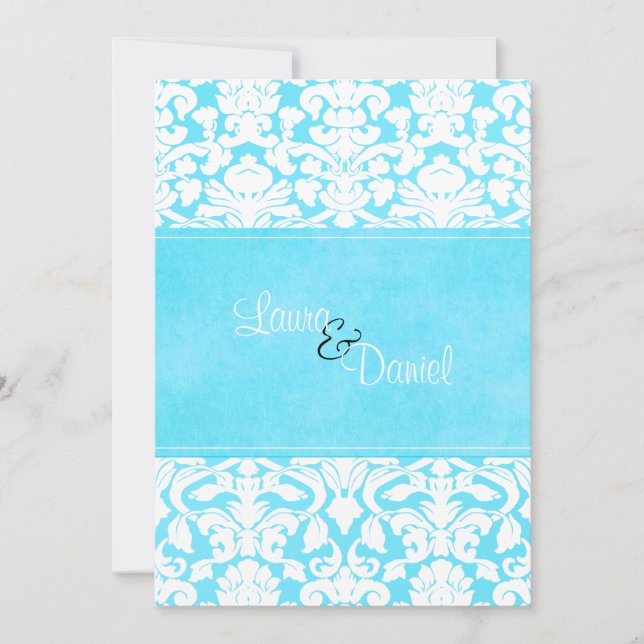 Invitación a la boda de Damasco azul y blanco (Anverso)