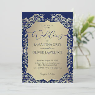 Invitación a la boda de damasco azul y dorado
