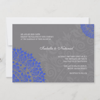 Invitación a la boda de Damasco azul y gris de car