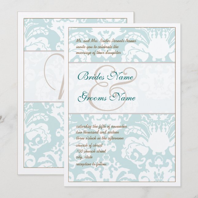 Invitación a la boda de Damasco azul y marrón Aqua (Anverso / Reverso)