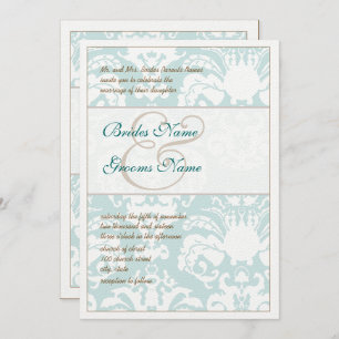 Invitación a la boda de Damasco azul y marrón Aqua