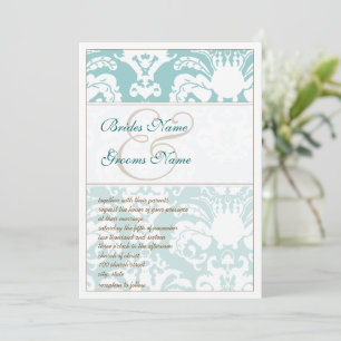 Invitación a la boda de Damasco azul y marrón Aqua