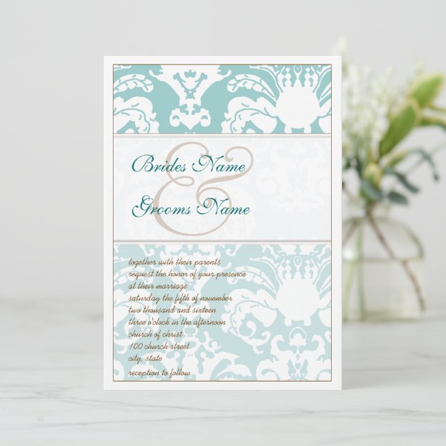Invitación a la boda de Damasco azul y marrón Aqua (Anverso de pie)