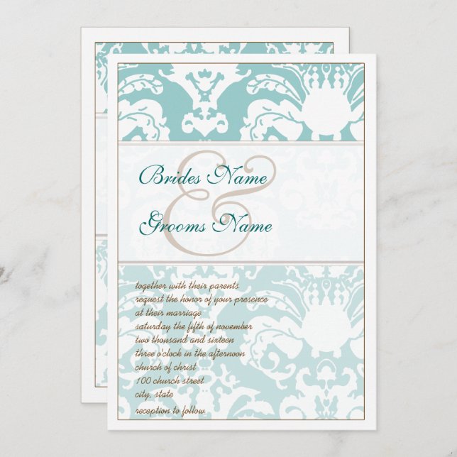 Invitación a la boda de Damasco azul y marrón Aqua (Anverso / Reverso)