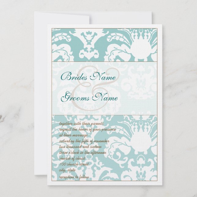 Invitación a la boda de Damasco azul y marrón Aqua (Anverso)