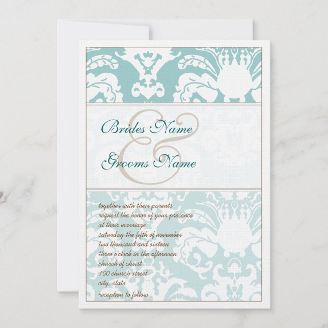 Invitación a la boda de Damasco azul y marrón Aqua (Anverso)