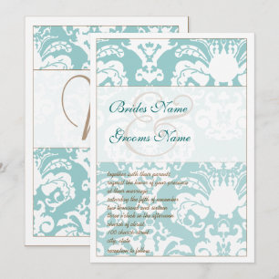 Invitación a la boda de Damasco azul y marrón Aqua
