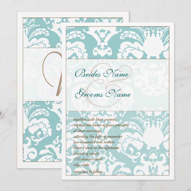 Invitación a la boda de Damasco azul y marrón Aqua (Anverso / Reverso)