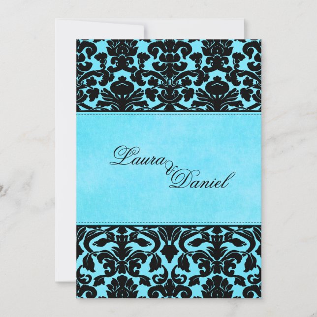 Invitación a la boda de Damasco azul y negro (Anverso)