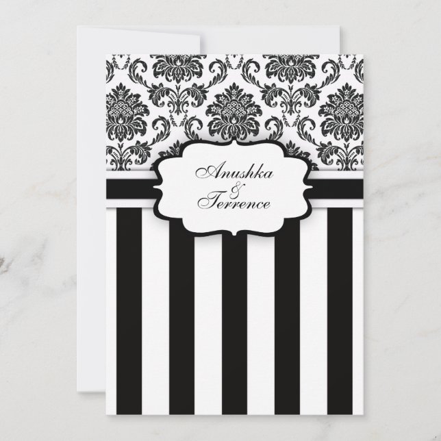 Invitación a la boda de Damasco blanco negro y ray (Anverso)