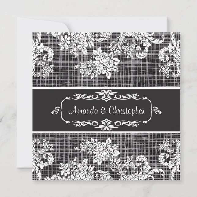 Invitación a la boda de Damasco blanco y negro vin (Anverso)