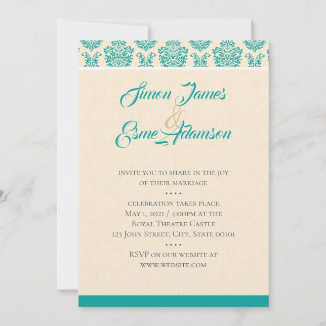Invitación a la boda de Damasco con crema y Verde  (Reverso)