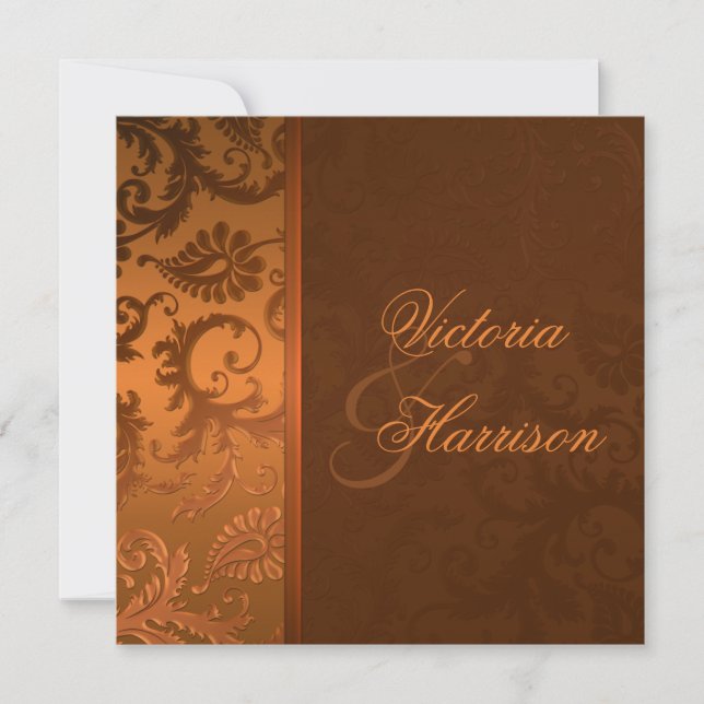 Invitación a la boda de Damasco de cobre y marrón (Anverso)