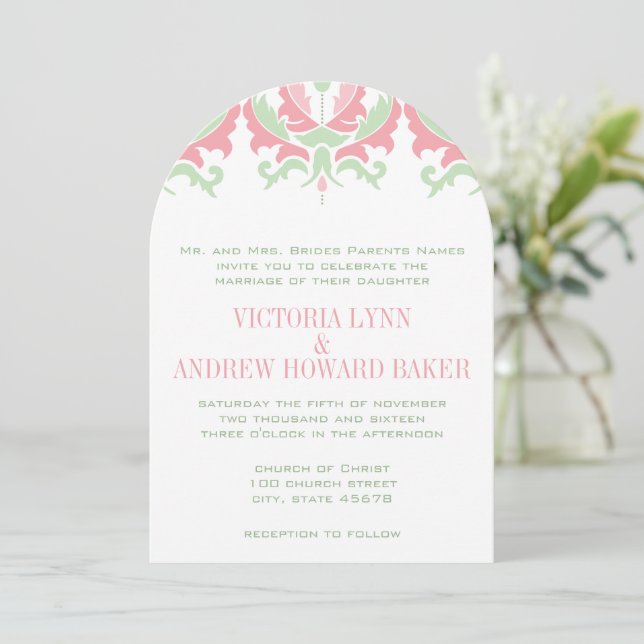 Invitación a la boda de damasco de coral y de ment (Anverso de pie)
