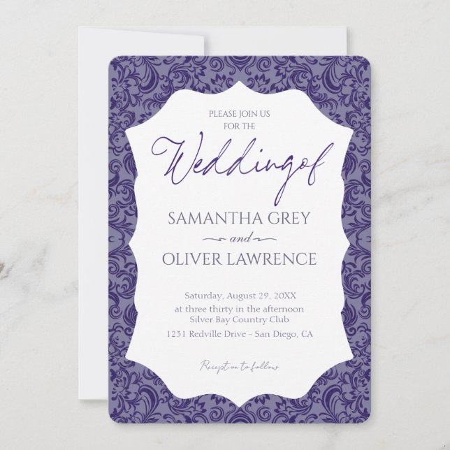Invitación a la boda de Damasco de Gris Morado (Anverso)
