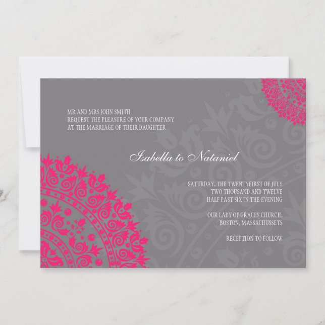 Invitación a la boda de Damasco de Gris y Pink Cal (Anverso)