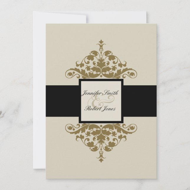 Invitación a la boda de damasco de marfil negro y  (Anverso)