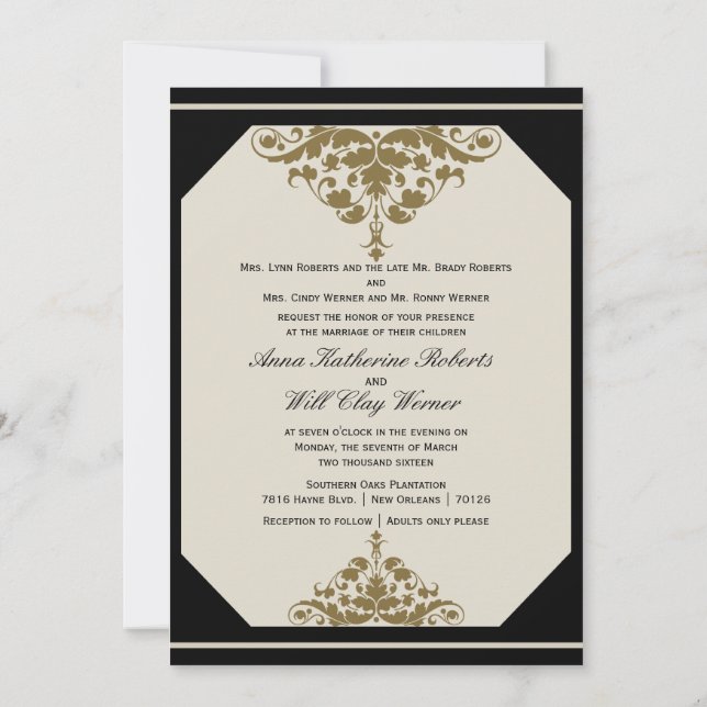 Invitación a la boda de damasco de marfil negro y  (Reverso)
