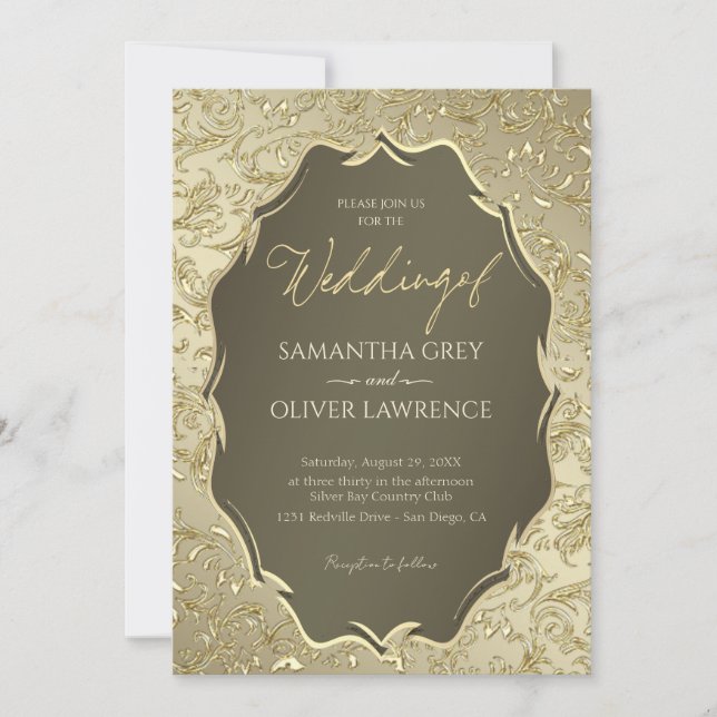 Invitación a la Boda de Damasco de Oro de lujo (Anverso)