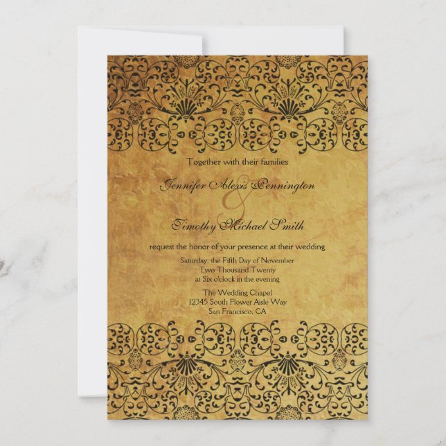 Invitación a la boda de damasco de oro negro desva (Anverso)