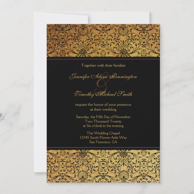 Invitación a la boda de damasco de oro negro desva (Anverso)