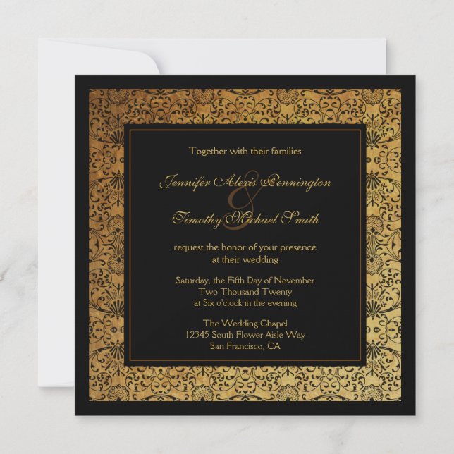 Invitación a la boda de damasco de oro negro desva (Anverso)
