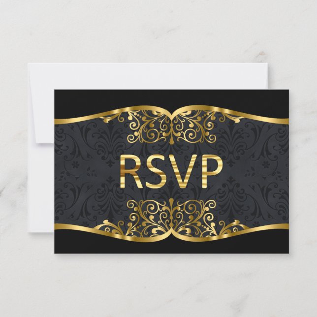 Invitación a la boda de Damasco de oro negro RSVP (Anverso)
