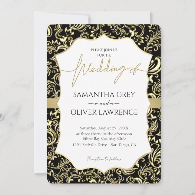 Invitación a la boda de Damasco de Oro y Negro (Anverso)