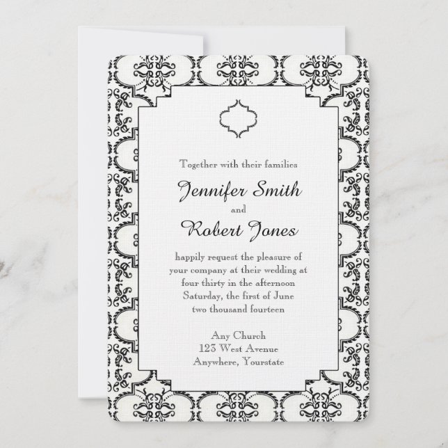 Invitación a la boda de Damasco en blanco y negro (Anverso)