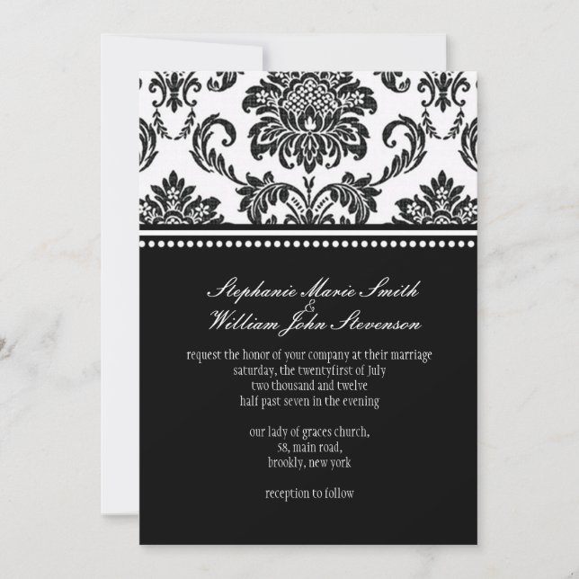 Invitación a la boda de Damasco en blanco y negro (Anverso)