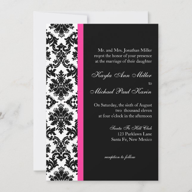 Invitación a la boda de Damasco en blanco y negro (Anverso)