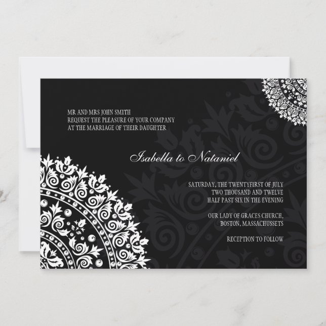 Invitación a la boda de Damasco en blanco y negro (Anverso)